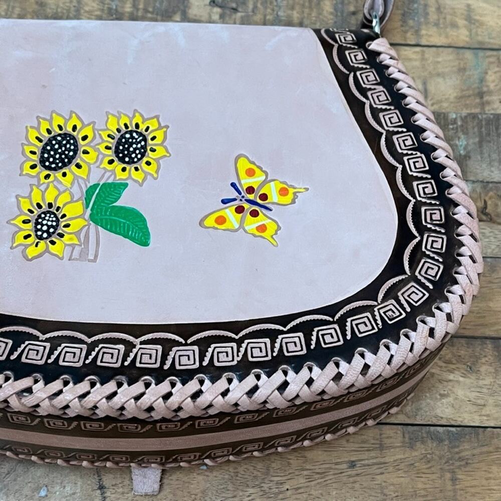 Mexican Hand-Tooled Leather Crossbody Bag Butterfly & Floral Design - Picture 10 of 14